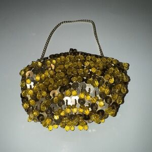 Vintage 1960s Gold Sequin Yellow Teardrop Beads Evening Bag Old Money Chic